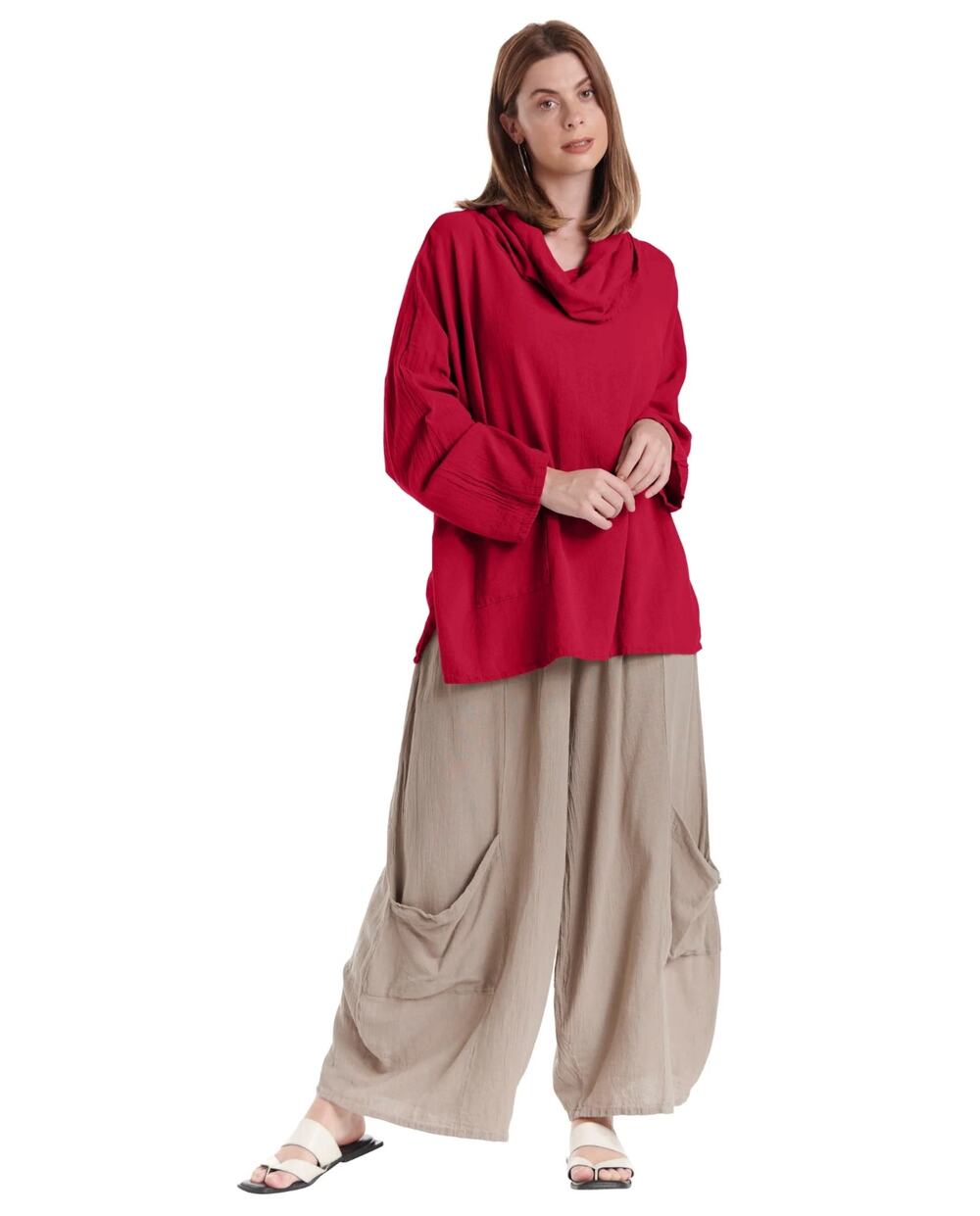 Oh My Gauze Women's Blouse OSFM Tortus Cotton Gauze Red Cowl Relaxed Lagenlook